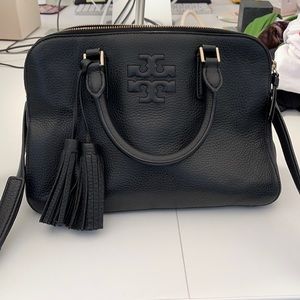 Tory Burch tasseled black pebbled leather medium cross-body/hand bag